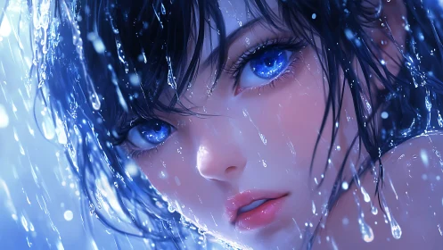 Glistening blue eyes meet the rain in a quiet, gentle gaze