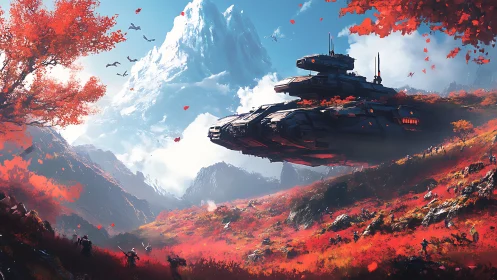 Starship drifting above crimson autumn mountain valley.