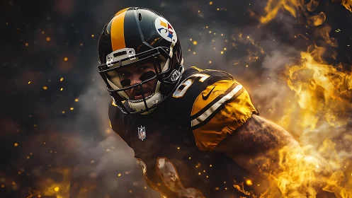 Football player portrait integrates flames and dark background