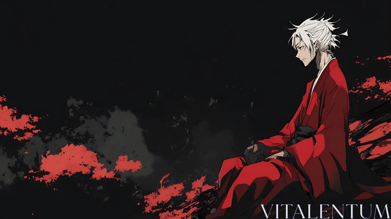 Stoic white-haired swordsman in red kimono on dark cliff edge