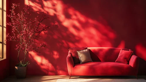 Red interior shows sofa, potted plant and directional sunlight