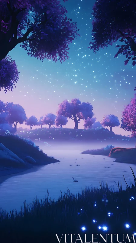 Dreamlike purple forest river under glowing starry sky