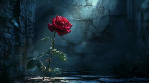Lone crimson rose outstares the ruins and refuses to fade