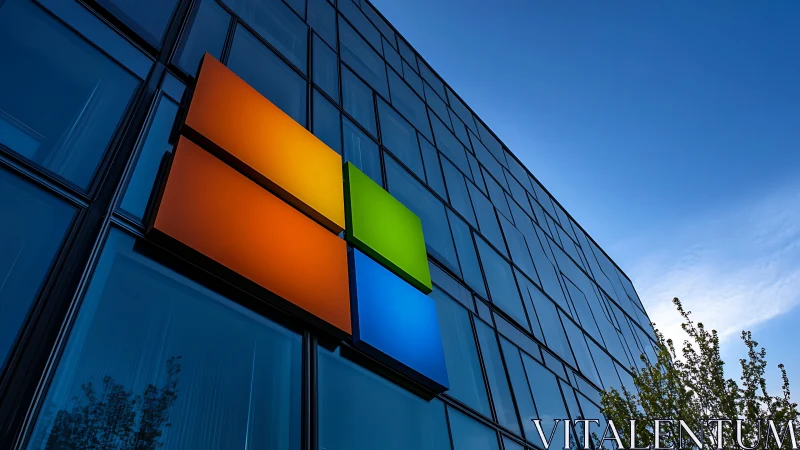 Corporate glass facade with colorful window logo panel.