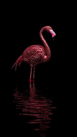 Glittering pink flamingo stands over dark reflective water