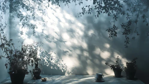 Backlit potted plants casting intricate foliage shadows indoors