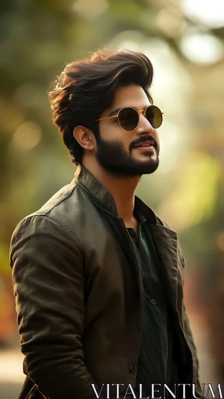 Stylish bearded man enjoys golden hour light outdoors