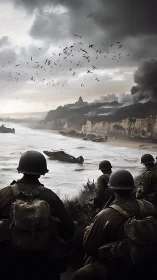 Soldiers storm Normandy coast under storm-laden skies.