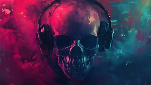 Human skull with headphones is rendered in neon vapor colors