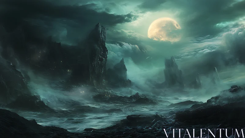 Nocturnal alien seascape under oversized moon with jagged basalt spires