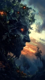 Ancient forest guardian gazes softly across the misty dawn sky