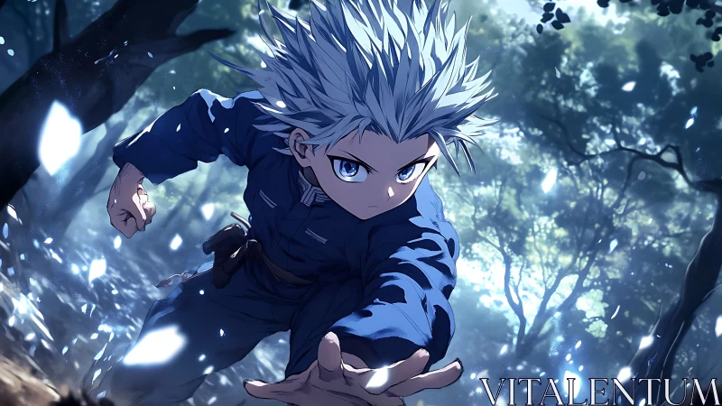 Silver haired anime fighter sprinting through forest scene.