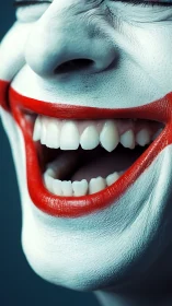 Close-up painted clown smile shows wide laughing mouth