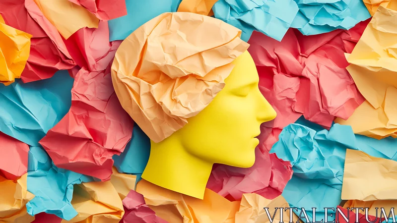 Yellow mannequin head lies among multicolored crumpled paper