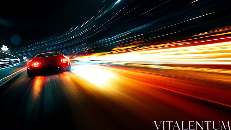 Scarlet supercar streaming through neon-lit night highway.