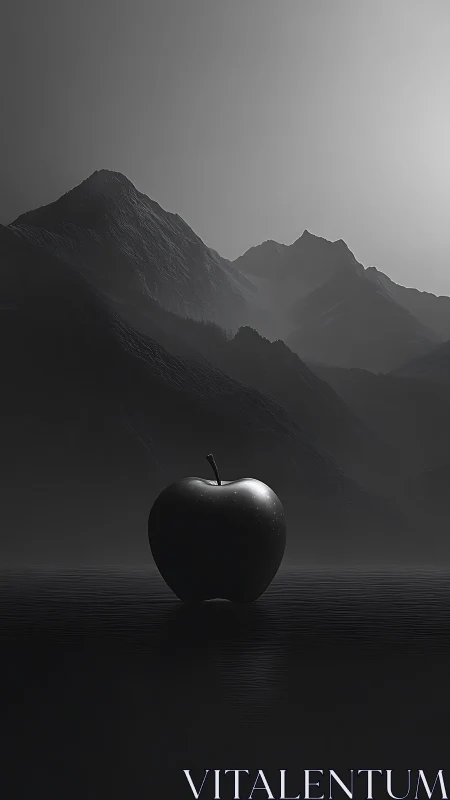 Monochrome photoreal apple against misted alpine massif.