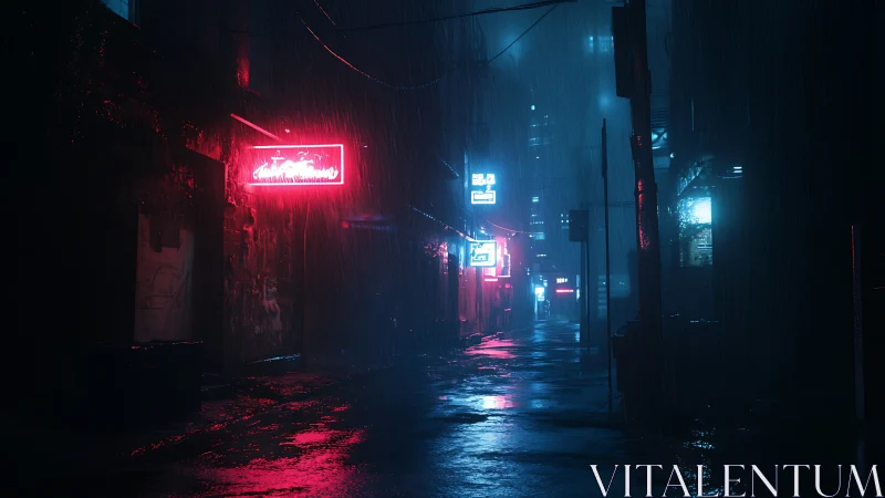 Rain soaked neon alleyway under blue and red light.