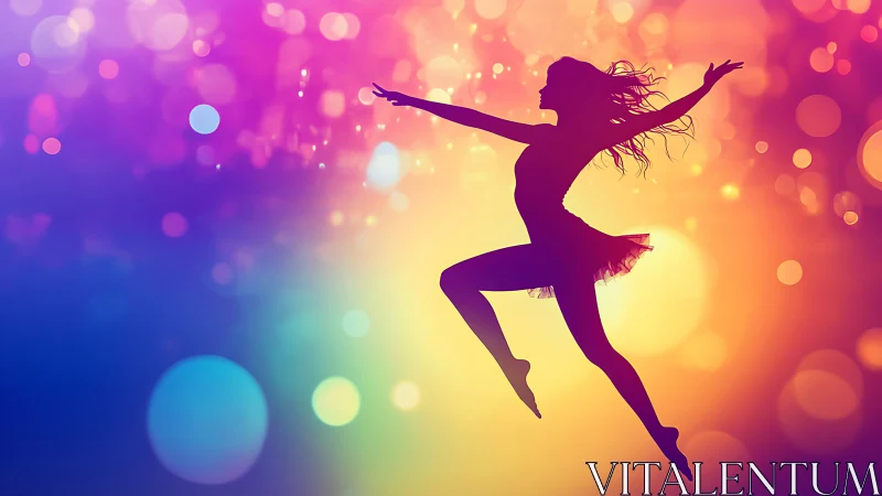 Silhouette dancer over bokeh-rich neon gradient backdrop.