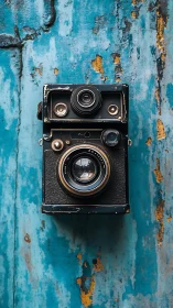Vintage box camera centered on distressed teal panel.