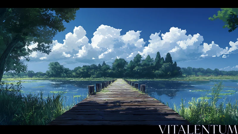 Wooden lakeside pier under bright clouds and blue sky.