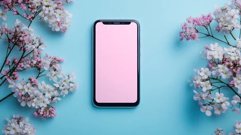 Blossoms frame pastel smartphone screen on sky blue stage.