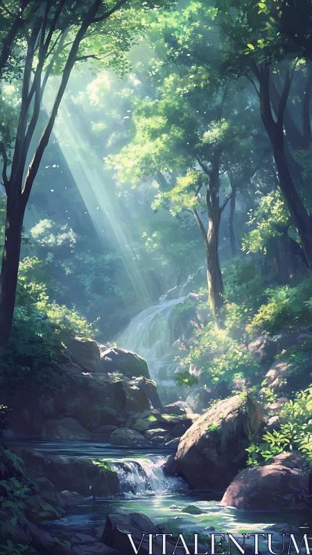 Forest stream with cascading water and cathedral light filtering.