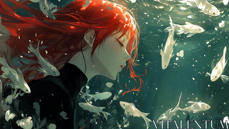 Submerged red-haired figure with koi in diffused caustic light.