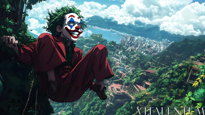 Anime villain in red suit over verdant cliffside metropolis.