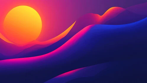Radiant neon sun sinks behind glowing gradient hills.