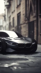 Sleek black BMW concept car on wet cobblestone street.