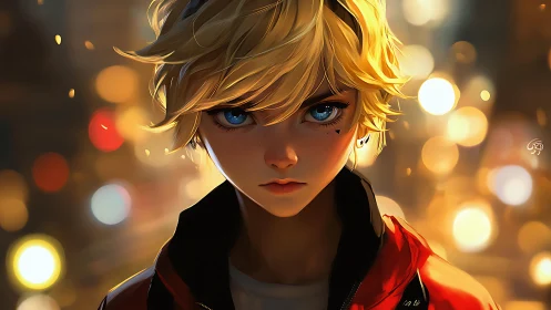 Golden haired anime teen glowing in soft city lights.