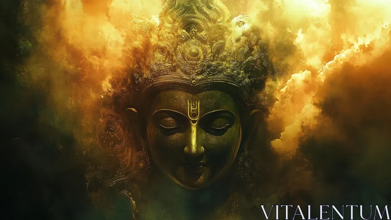 Radiant golden deity bust emerging through volumetric nebula clouds
