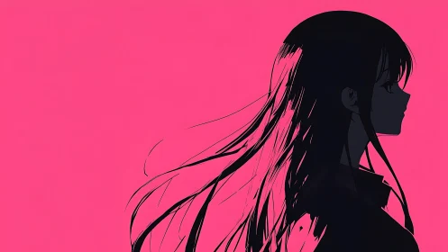 Silhouetted anime girl in profile on neon pink background.