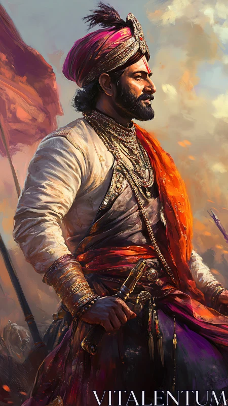 Regal warrior bathed in sunset light and swirling color.