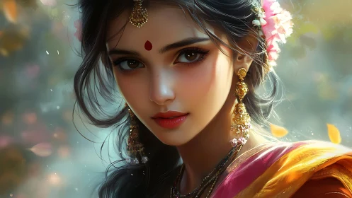 Hyper-detailed portrait of Indian woman with bokeh-lit floral adornments