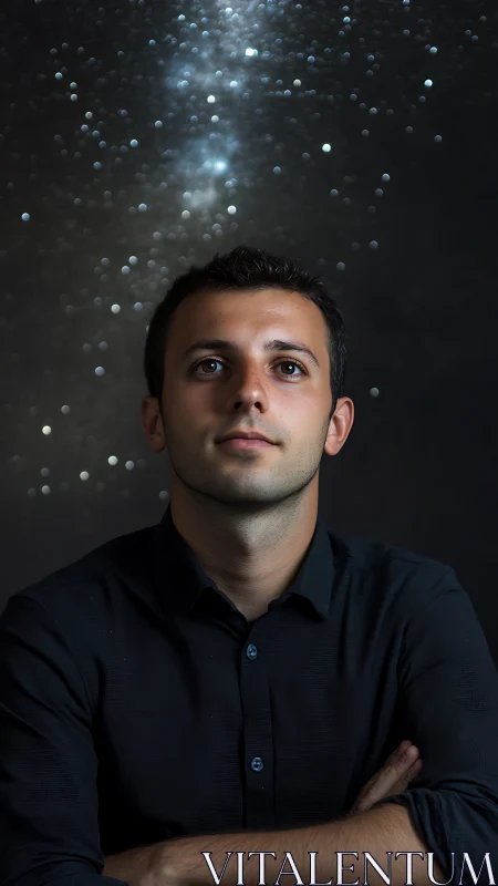 Portrait under starry bokeh sky with reflective gaze.