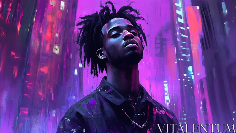 Neon city lights glow around a calm, confident young man