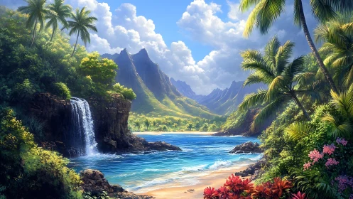 Tropical valley landscape with waterfall, beach, and jagged mountains