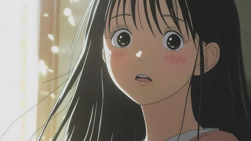 Anime girl portrait captures luminous backlit emotional surprise