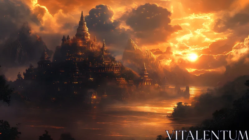 Riverside temple city under dense clouds at sunset light.