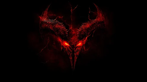 Demonic horned skull glows in red within burning darkness