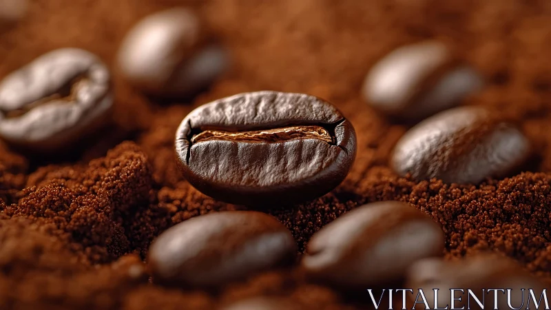 Close-up view of roasted coffee bean on ground coffee.