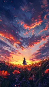 Solitary figure in sunset field under vivid sky.