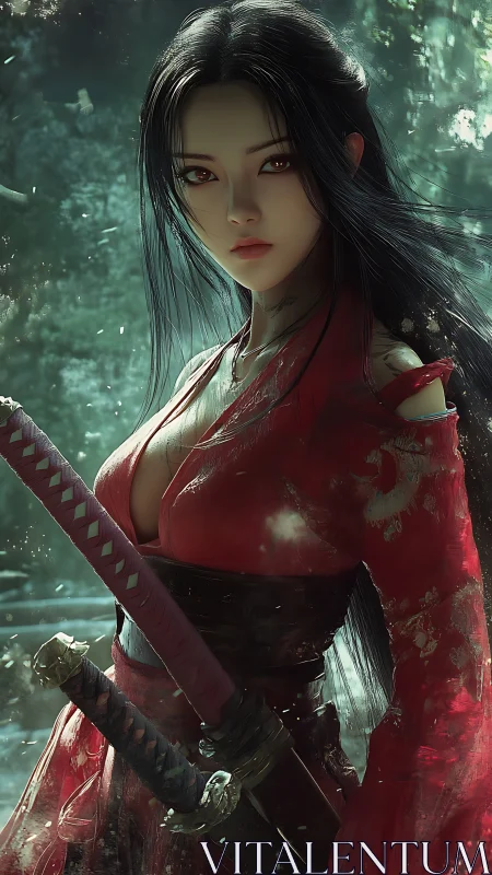 Sword-wielding warrior in crimson kimono, cinematic lighting.