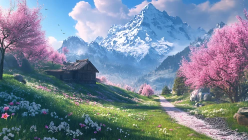 Snowcapped mountain rises over serene cherry blossom valley.