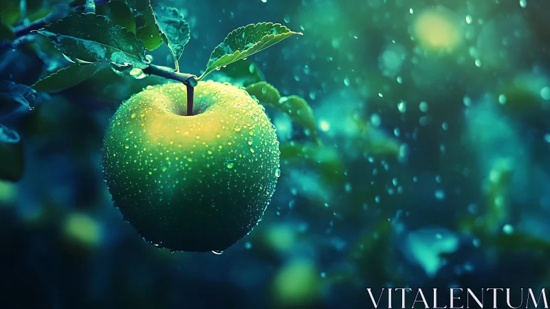 Green apple with water droplets on branch in rainfall.