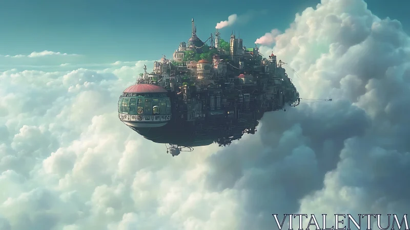 Floating sky city drifts peacefully through glowing clouds.