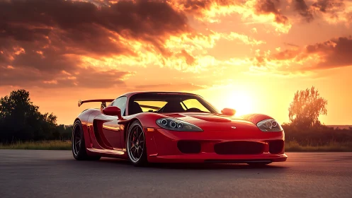 Crimson supercar poised on open road at blazing sunset glow.