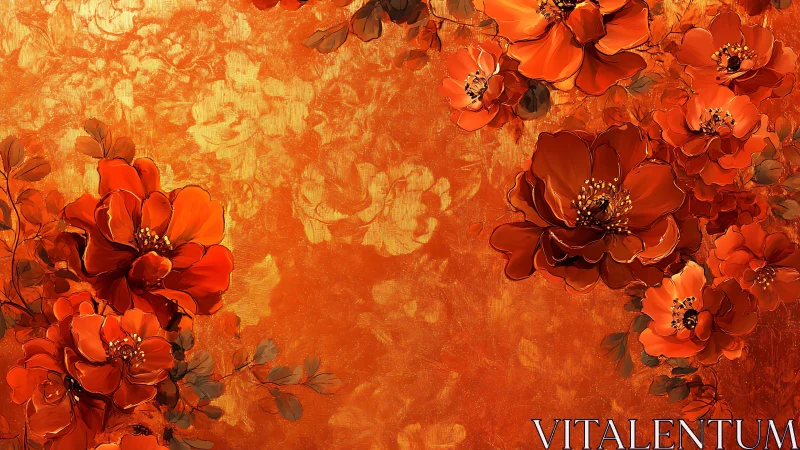 Red Blooms on Ornamental Orange Textured Background