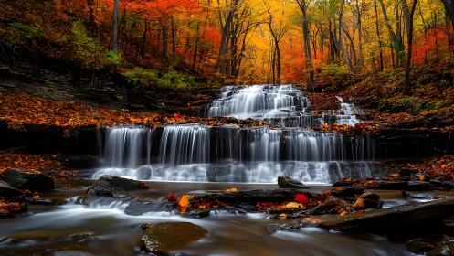 Tiered woodland waterfall captured with long exposure in autumn
